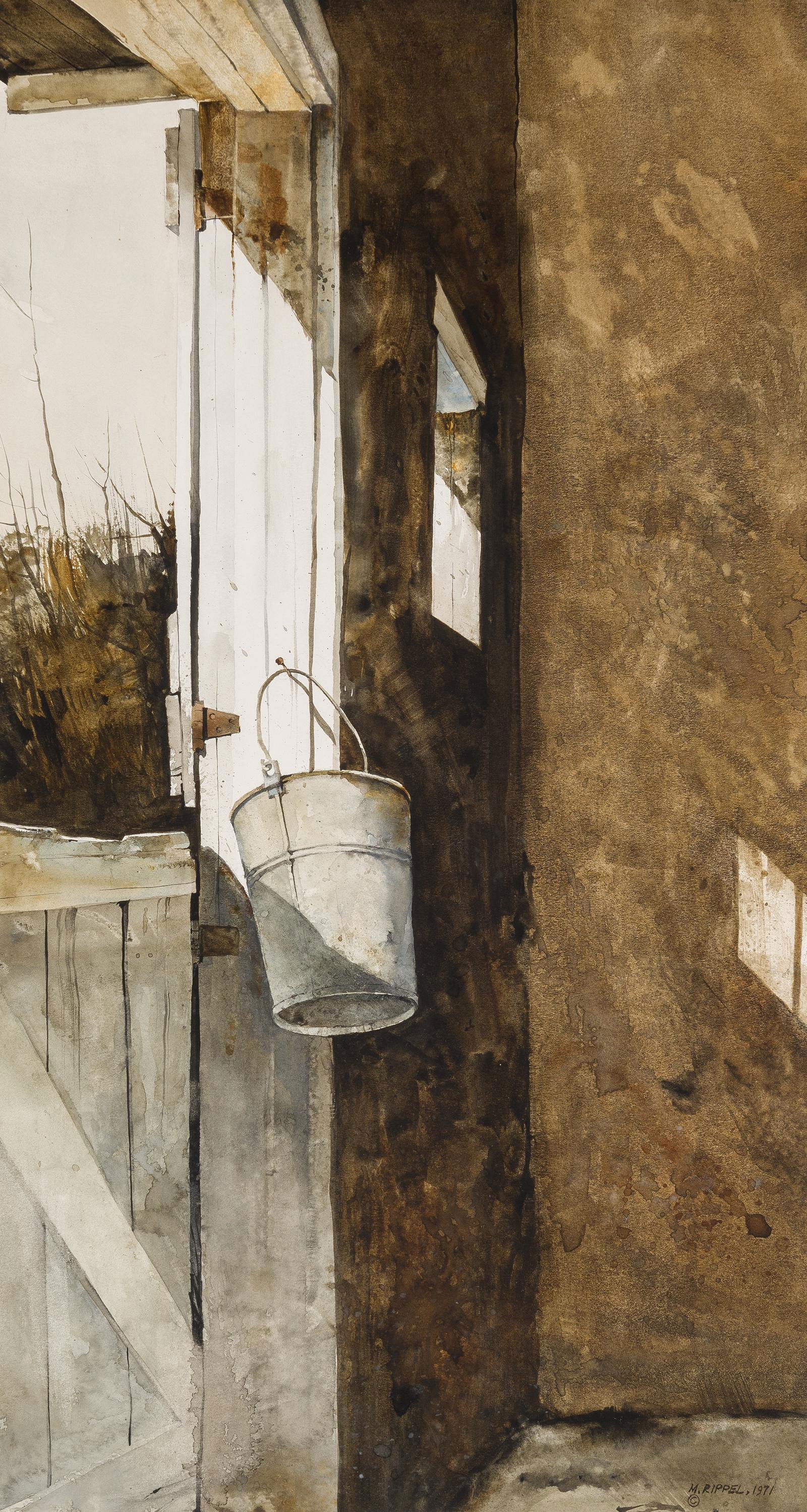 Morris Rippel | Collie's Stall: Artist: Morris Rippel | 1930-2009 NAWA Title: Collie's Stall Signed l/r: M. Rippel, 1971 © Media: Watercolor on paper Dimensions: 24 by 13 inches Additional dimensions: 34.5 by 23 by 2 inches framed