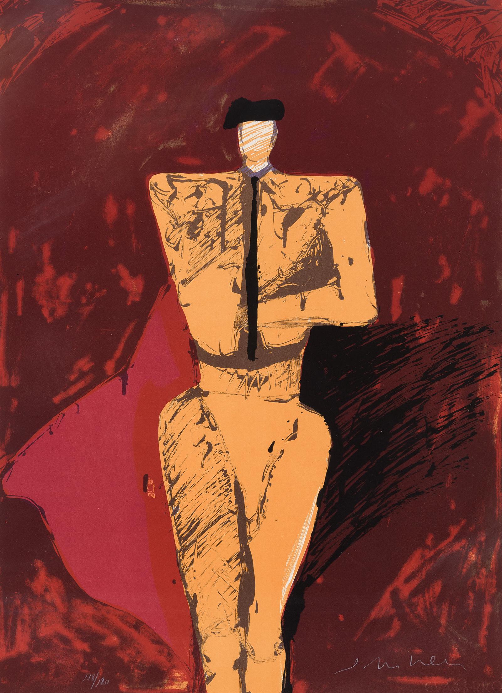 Fritz Scholder | Barcelona Suite - Matador: Artist: Fritz Scholder | 1937-2005 Title: Barcelona Suite - Matador Signed l/r: Scholder Media: Etching Dimensions: 30 by 21 1/2 inches Additional dimensions: matted to 34 by 26 inches Condition: Exce
