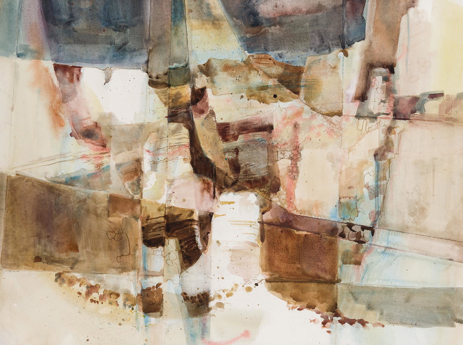 Signe Holecheck | Abstract Landscape Forms: Artist: Signe Holecheck | 20th C. Title: Abstract Landscape Forms Signed l/r: Signe Holecheck Media: Mixed media on paper Dimensions: 21 by 28 inches Additional dimensions:28 x 35 x 1 inches framed No