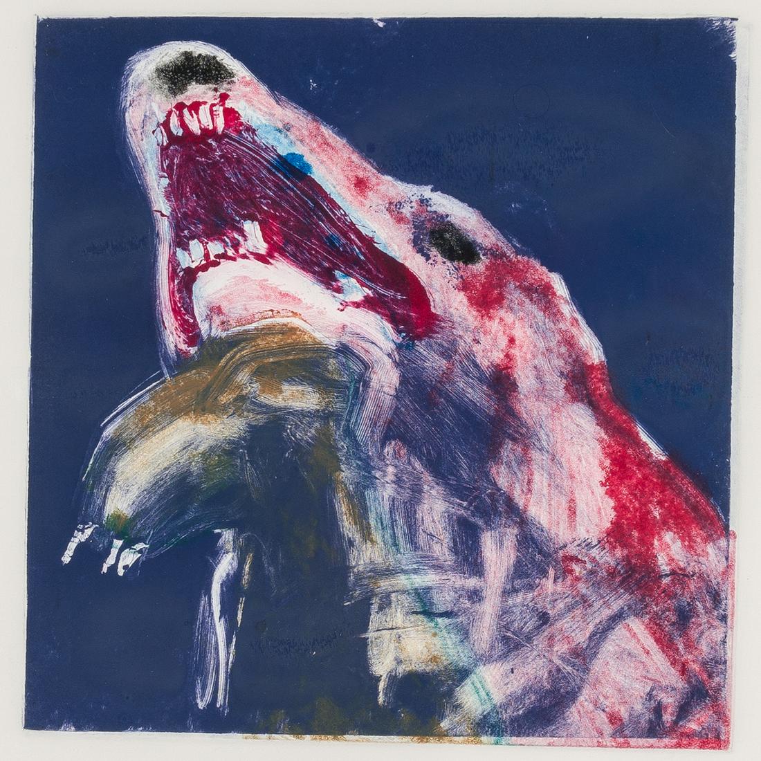 Fritz Scholder | Red Dog: Artist: Fritz Scholder | 1937-2005 Title: Red Dog Media: Monotype Dimensions: 8 by 8 inches Additional dimensions: 19 1/2 by 15 paper, 28 x 23.5 x 1 inches framed Condition: Very good Condition detail