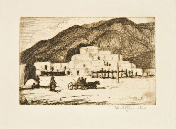 Will Shuster, Taos Pueblo: Signed: Wil Shuster, l/r, Intaglio Print, 2 by 3 inches