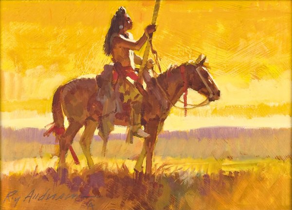 Roy Andersen, Indian on Horse with Lance: Signed: Roy Andersen CA, l/l, Oil on board, 5 by 7 inches