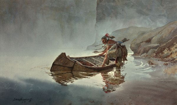 Indian Entering Canoe: Artist: Halbach, David, b. 1931 CAA, Guest Artist NAWA Media: Watercolor Dimension: 13 x 21 inches Signature Details: David Halbach CA © 86 Signature: L/L