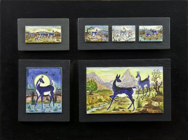 Deer in the Spirit Land: Artist: Crumbo, Woody, 1912 - 1989 Media: Painted ceramic tile on wood Dimension: 6 x 9 1/2 inches Signature Details: Crumbo (on each tile) Signature: L/R