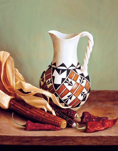 William Acheff - Acoma Pitcher: William Acheff (b. 1947 AOA, NAWA) Acoma Pitcher Oil on canvas 20 by 16 inches Estimate $12,000 - $14,000 Whether he is working in miniature, as in Plums and Santa Domingo (Lot #42), or at approximate