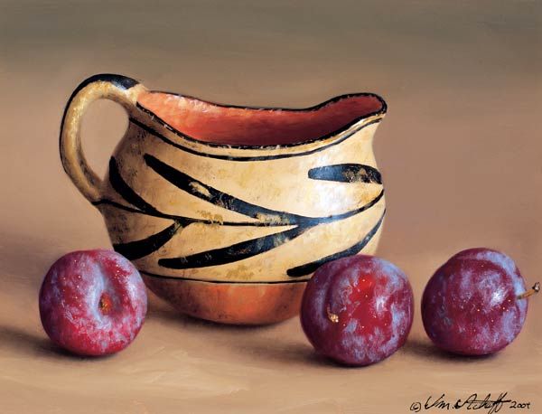 William Acheff - Plums and Santa Domingo: William Acheff (b. 1947 AOA, NAWA) Plums and Santa Domingo Oil on canvas 6 by 8 inches Estimate $5,500 - $6,500 Whether he is working in miniature, as in Plums and Santa Domingo (Lot #42), or at appro