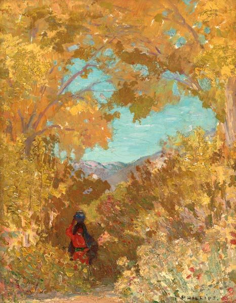 Bert Geer Phillips - Cottonwoods in October: Burt Geer Phillips (1868 - 1956 TSA) Cottonwoods in October Oil on board 10 by 8 inches Estimate $15,000 - $20,000 Phillips was a founding member of the famed Taos Society of Artists and was the first
