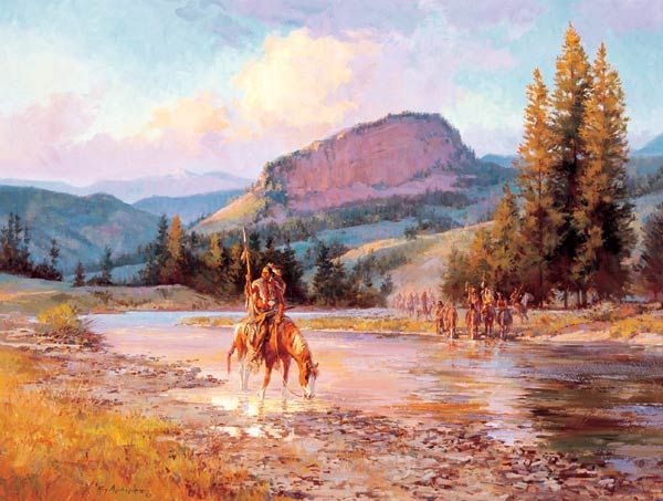 Roy Andersen - Wolf Across the Water: Roy Andersen (b. 1930 CAA, NAWA, OPA) Wolf Across the Water Oil on canvas 30 by 40 inches Estimate $25,000 - $30,000 Raised on a New Hampshire horse farm, Andersen studied Native American cultures at