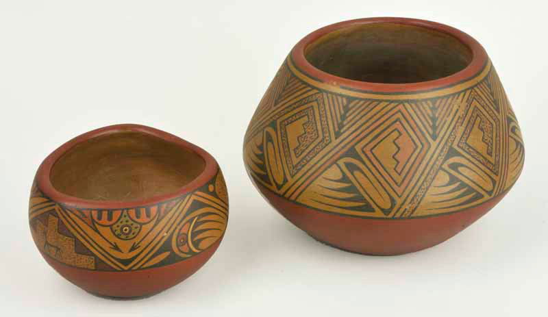 Lela & Luther Gutierrez Santa Clara Redware Bowls: Clay and paint 4 ¾ by 6 by 6 inches Signed; Lela [underscored] Luther Sta. Clara Pue, bottom