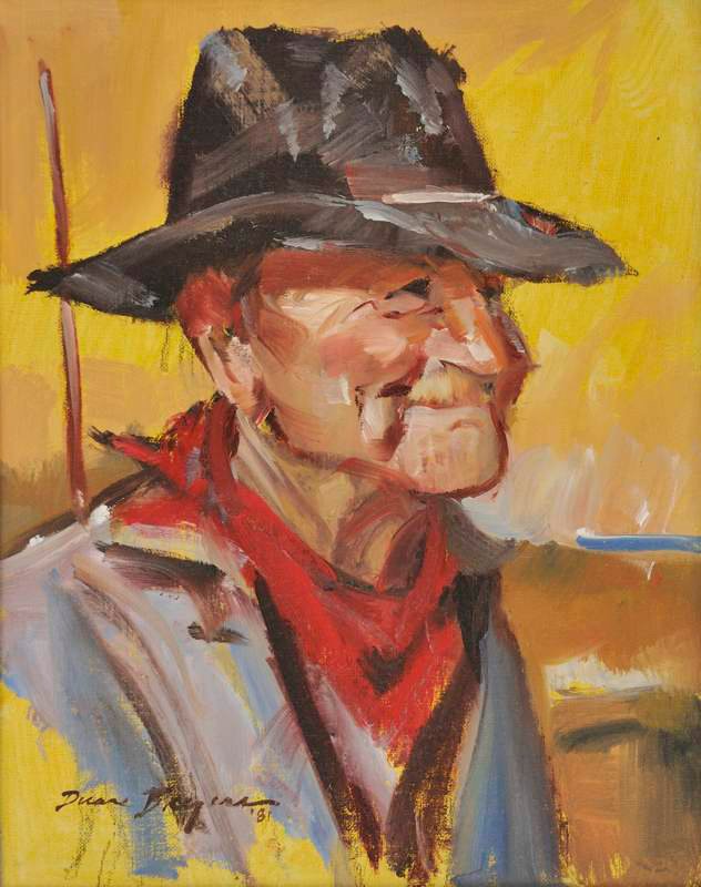 Duane Bryers Man in Hat with Neck Scarf: Oil on panel 15 by 10 inches Signed; Duane Bryers '81, l/l