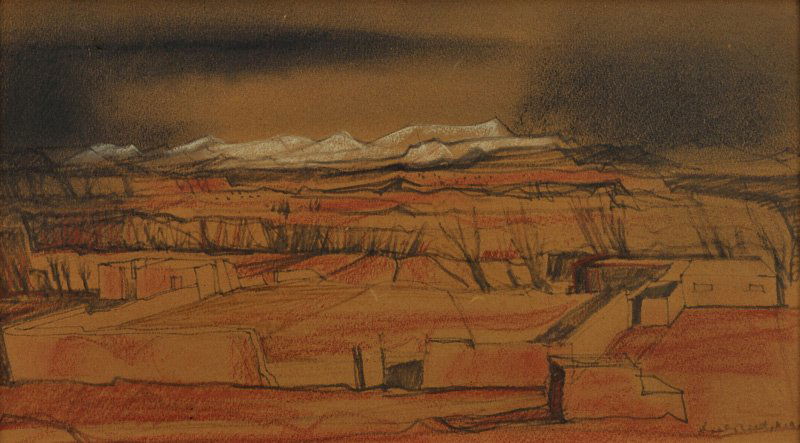 Doel Reed Adobe Ruins, New Mexico: Charcoal and conte on paper 13 by 22 inches Signed; Doel Reed 19_ (illegible), l/r