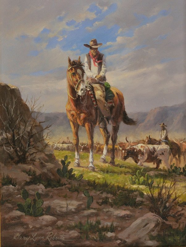 Gary Lynn Roberts Top Hand: Oil on canvas 18 by 12 inches Signed; © Gary Lynn Roberts , l/r