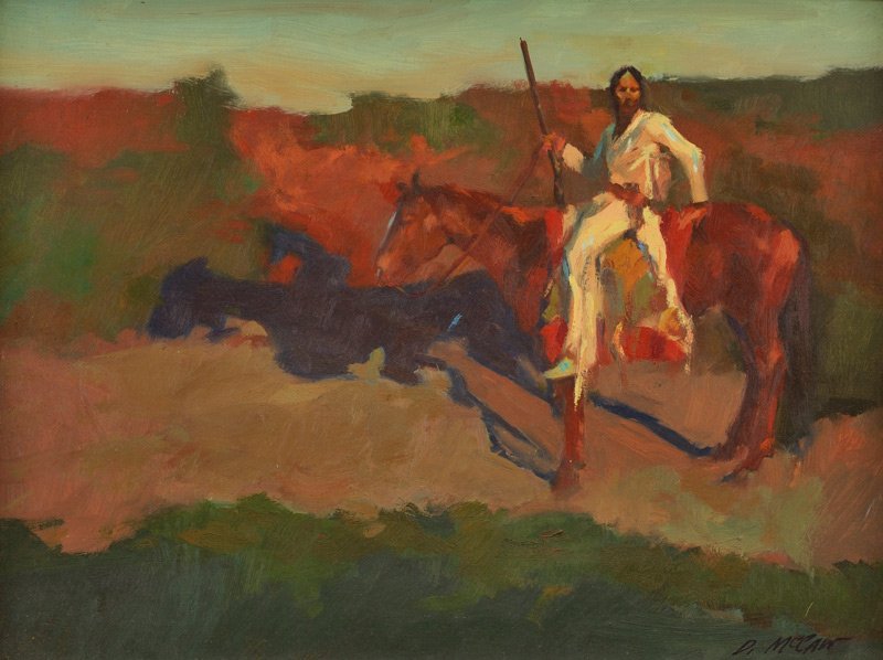 Dan McCaw Sunrise on the Trail: Oil on masonite board 12 by 16 inches Signed; D. McCaw, l/r