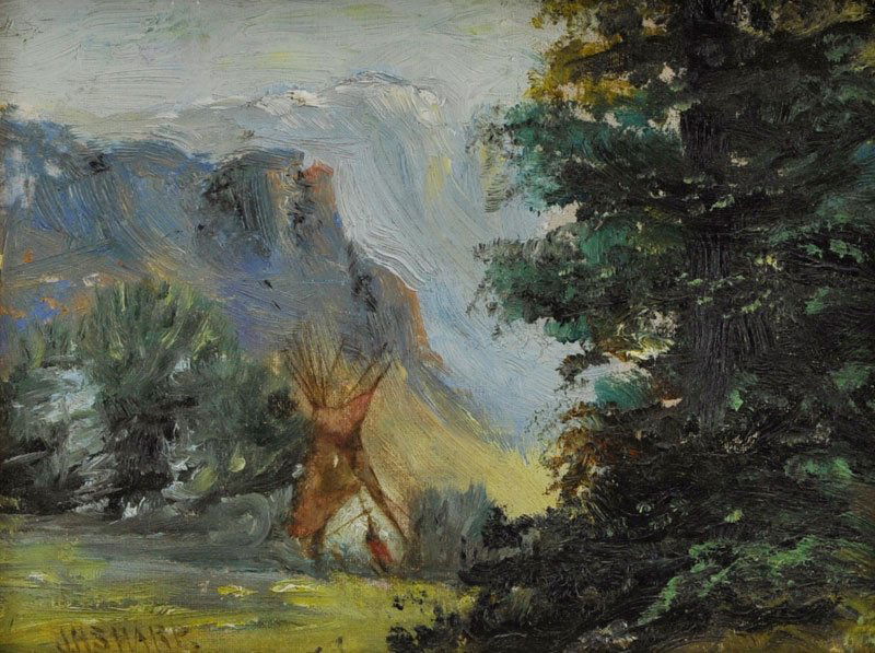 Joseph Henry Sharp 'Montana Teepee': Oil 6 x 8 inches Signed; JH Sharp. also, on verso, handwritten copy; "Montana J.H.S." , l/l