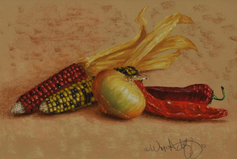 William Acheff 'Still Life With Onion, Chilies, a: Pastel 7 ½ x 11 inches Signed; Wm. Acheff '83 , l/r