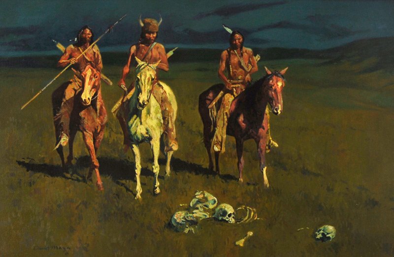 David Mann 'Friend or Foe': Oil on canvas 24 by 36 inches Signed; 'David Mann ©',l/r