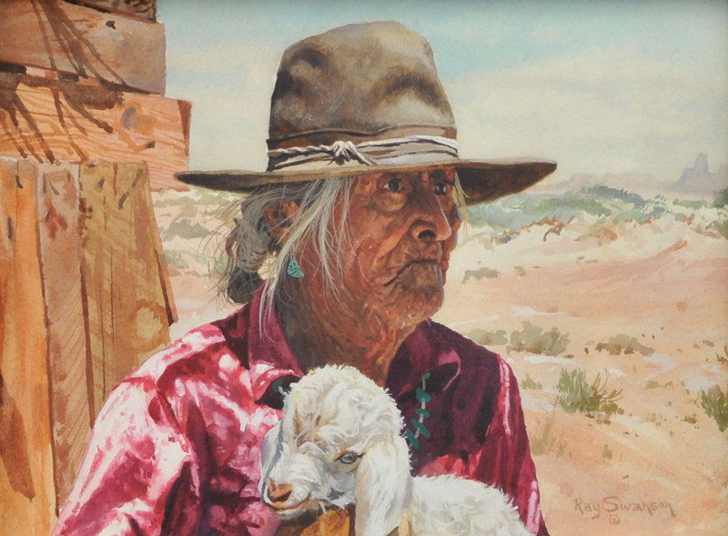 Ray Swanson 'Old Navajo at Tuba City': Watercolor on board 6 by 8 inches Signed; 'Ray Swanson ©',l/r