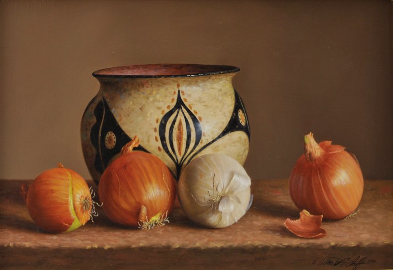 William Acheff 'Onions': Oil on panel 8 by 11 ½ inches Signed; 'Wm. Acheff 1989',l/r
