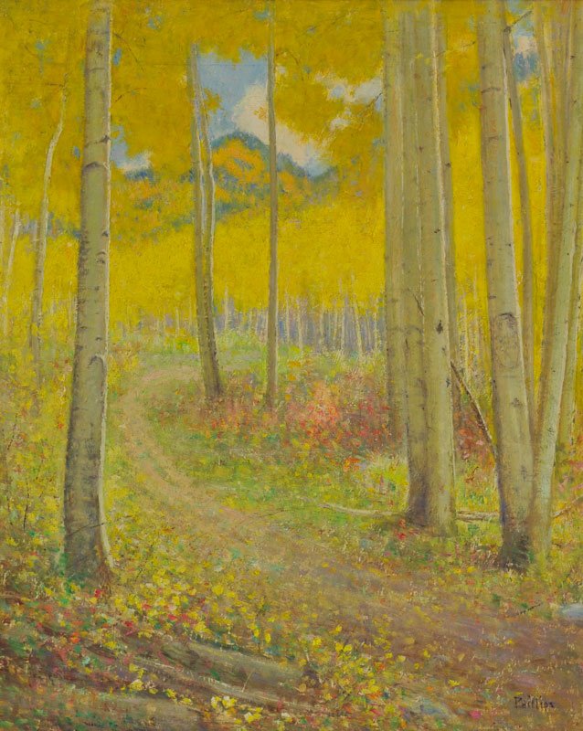 Bert Geer Phillips 'October Aspens': Oil on board 24 by 20 inches Signed; 'Phillips',l/l