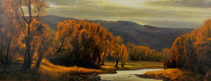 Gordon Brown 'Western Landscape': Oil on masonite board 24 by 60 inches Signed; 'Gordon Brown',l/r