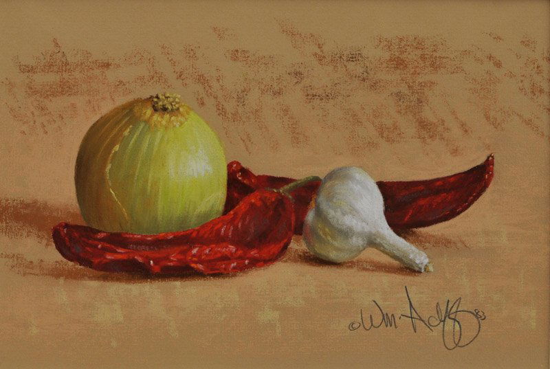William Acheff 'Still Life Onion, Chilies, Pepper: Pastel 7 ½ by 11 inches Signed; 'Wm. Acheff '83',l/r
