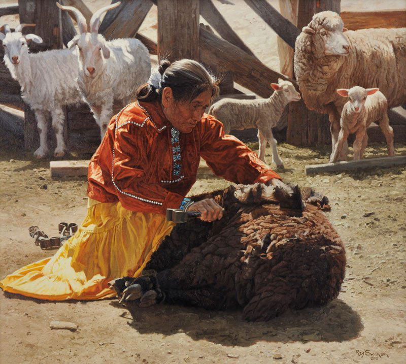 Ray Swanson 'Shearing the Prized Dark Wool': Oil on canvas 36 by 40 inches Signed; 'Ray Swanson © 83',l/r