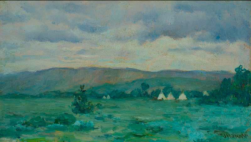 Joseph Henry Sharp 'Early Summer Clouds': Full title; "Early Summer Clouds, Crow Camp, Montana" Oil 3 ½ by 6 inches Signed; 'J H Sharp',l/r. Provenance: Recently found in Antwerp, Belgium (Sharp studied in Antwerp) Acquired by a Texas collec