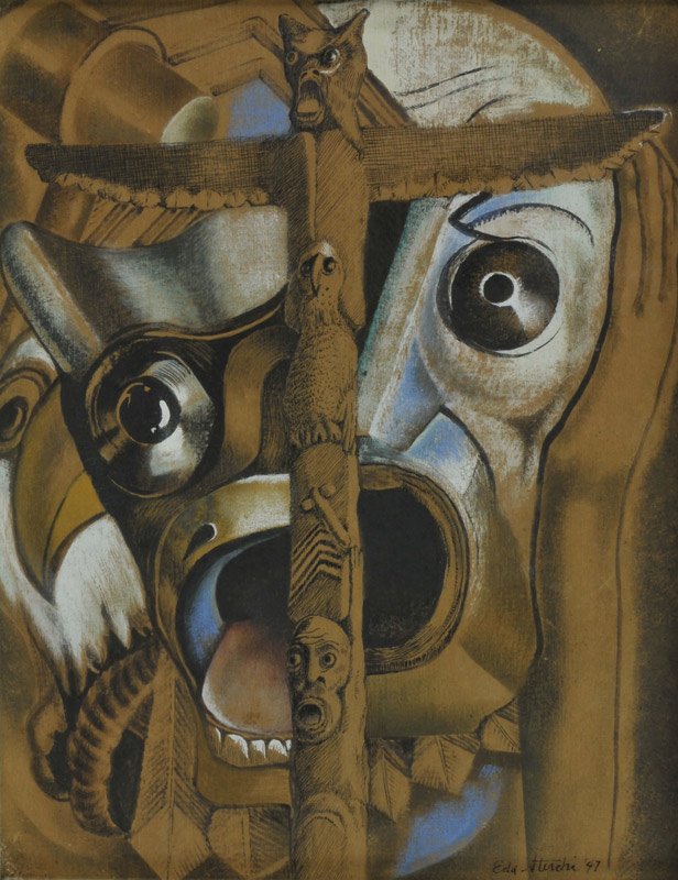 Eda Elisabeth Sterchi 'Totem ': Mixed media on paper 13 ¾ by 10 ¾ inches Signed; 'Eda Sterchi '47',l/r