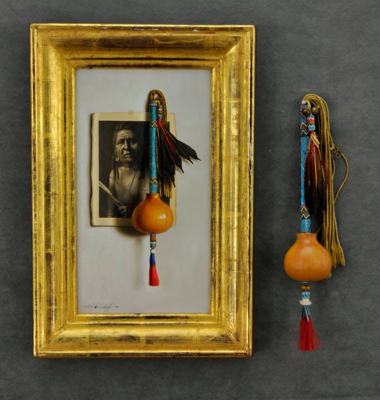 William Acheff 'Plains Rattle': Oil on linen FRAME; 18.25" x 12.25" 1.5" Signed; '© Wm. Acheff 1983', l/l This lot includes the original plains rattle used for the still life model.