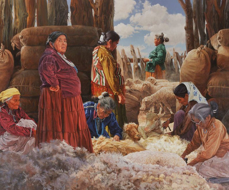 Ray Swanson 'Shearing the Churro Sheep': Oil on canvas 50 x 60 inches Signed; 'Ray Swanson ', l/r