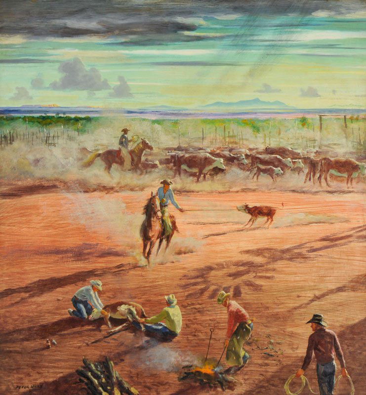 Peter Hurd 'Cattle Branding': Egg tempera on panel 26 x 24 inches Signed; 'Peter Hurd', l/l