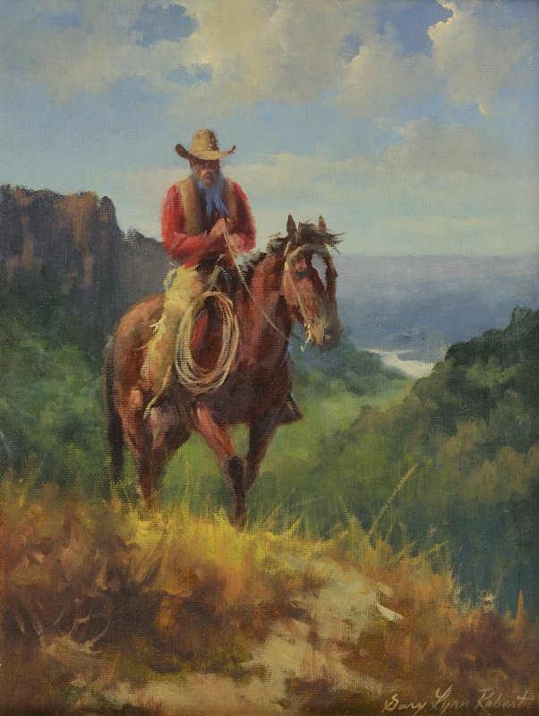 Gary Lynn Roberts 'Cowboy on Horseback in Field': Oil on canvas 12 x 9 inches Signed; 'Gary Lynn Roberts', l/r