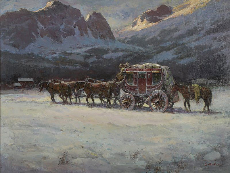 Lajos Markos 'Stage Coach ': Oil on linen 24 x 32 inches Signed;' L Markos' , l/r