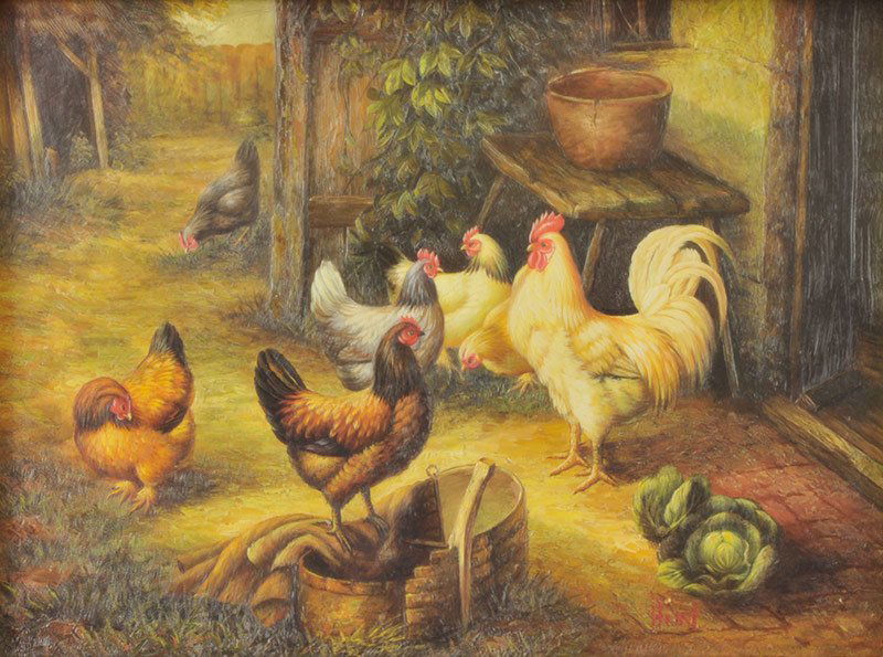 Edgar Hunt 'The Barnyard ': Oil on panel 12 x 16 inches Signed;' Hunt' , l/r
