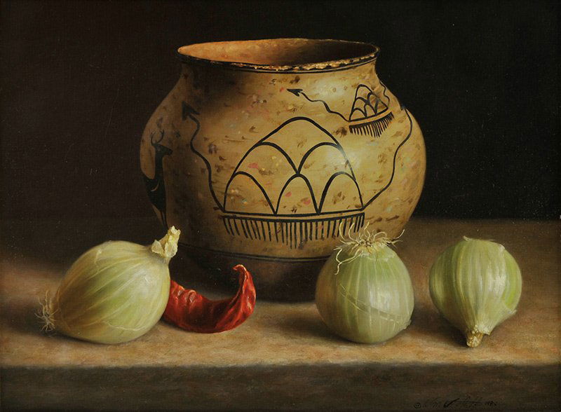 William Acheff 'Rain Clouds and White Onions': Oil on linen 9 x 12 inches Signed;' © Wm. Acheff 1985' , l/r