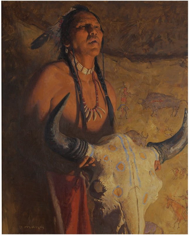 David Mann 'Buffalo Song': Oil on canvas 30 x 24 inches Signed;' D Mann' , l/l