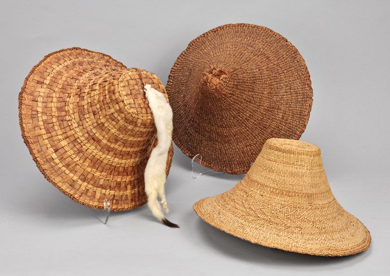 Loa Ryan 'Rain Hats, Set of Three' : Spruce root fiber 7 x 14 x 14 inches Signed;' Raven Loa Ryan Tsimshian July 1998; "Loa Ryan"; inside two hats; one hat is unsigned' ,