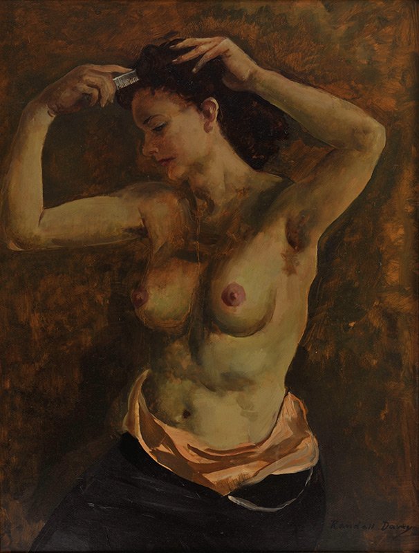 Randall Davey 'Woman Brushing Hair ': Oil on board 36 x 27 inches Signed;' Randall Davey' , l/r
