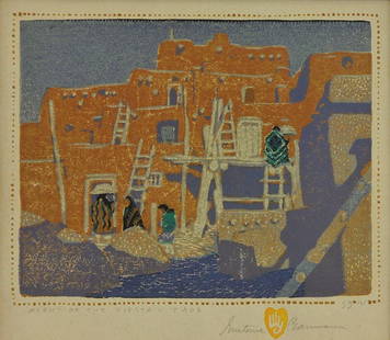 Gustave Baumann 'Night of the Fiesta, Taos' : Color woodblock print on paper 6 x 7 1/2 inches Signed;' Signed: (in pencil, in margin) 'Gustave Baumann' (with artist's stamp) l/r, 53/125. 'Night of the Fiesta - Taos', l/l' , l/r