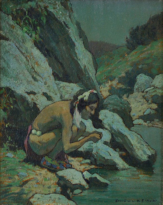 Eanger Irving Couse, 'Indian Drinking, Moonlight': Eanger Irving Couse Indian Drinking, Moonlight Oil on board 10 x 7 inches E.I. Couse l/r