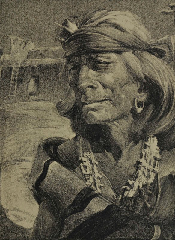 Gerald Cassidy, 'Zuni Indian ': Gerald Cassidy 1879 - 1934 Zuni Indian Lithograph 12 3/4 x 9 1/4 inches reversed, Gerald Cassidy, l/l; Zuni, l/r under mat in print