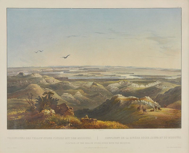 Karl Bodmer, 'Junction of the Yellowstone River with: Karl Bodmer 1809 - 1893 Junction of the Yellowstone River with the Missouri Hand-colored aquatint engraving 12 x 17 inches u/r; 'Tab 29' (printed in margin); Defsine d'ap nat par Ch. Bodmer, l/r 'Imp 