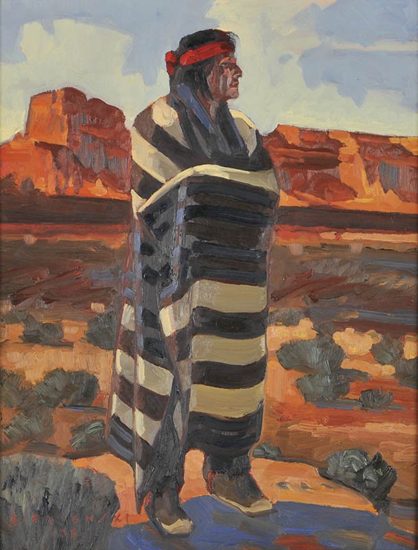 Navajo in First Phase Chief's Blanket: Dennis Ziemienski b. 1947 ,Media: Oil on canvas board, Dimensions: 13 By 10 Inches