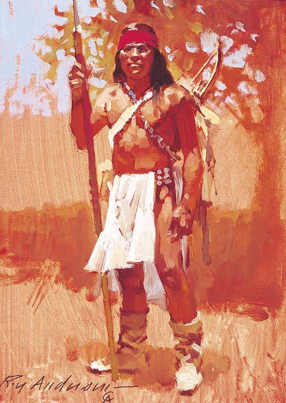 Indian Standing: Roy Andersen b. 1930 CAA, NAWA, OPA ,Media: Oil on board, Dimensions: 7 By 5 Inches