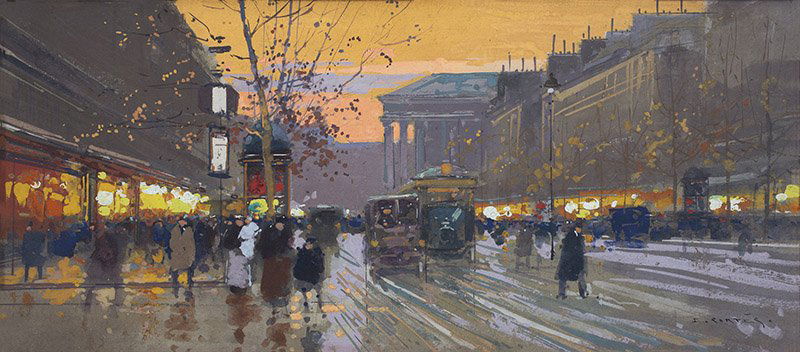 Boulevard de la Madeleine: Edouard Cortes 1882 - 1969 SAF ,Media: Gouache on board, Dimensions: 10 By 19 Inches