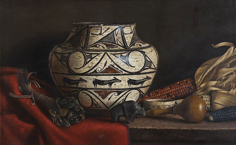 Three Deer and a Buffalo: William Acheff b. 1947 AOA, NAWA ,Media: Oil on canvas, Dimensions: 16 By 26 Inches