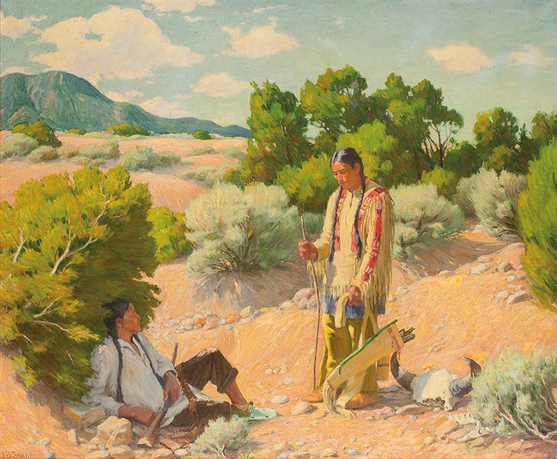 After the Hunt: Joseph Henry Sharp, 1859 - 1953 TSA | Signed: J H Sharp, l/l | Media: Oil on Canvas | Dimensions: 30 by 36 inchesJoseph Henry Sharp is regarded as the father of the Taos Society of Artists. The highly