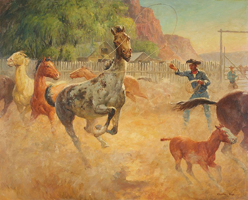 The Roper: Charlie Dye, 1906 - 1972 CAA | Signed: Charlie Dye, l/r | Media: Oil on board | Dimensions: 24 by 30 inches | Provenance: The Roper was acquired in 1960 in Taos, NM by Frederik Cooper Rehfeldt and Eth