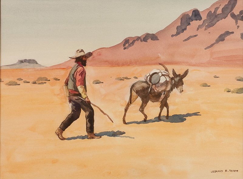 The Prospector: Leonard H. Reedy, 1899 - 1956 | Signed: Leonard H. Reedy, l/r | Media: Watercolor on paper | Dimensions: 8.5 by 11.5 inches