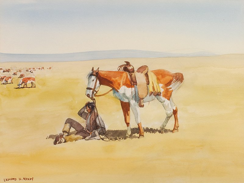 Guarding the Herd: Leonard H. Reedy, 1899 - 1956 | Signed: Leonard H. Reedy, l/l | Media: Watercolor on paper | Dimensions: 8.5 by 11.5 inches